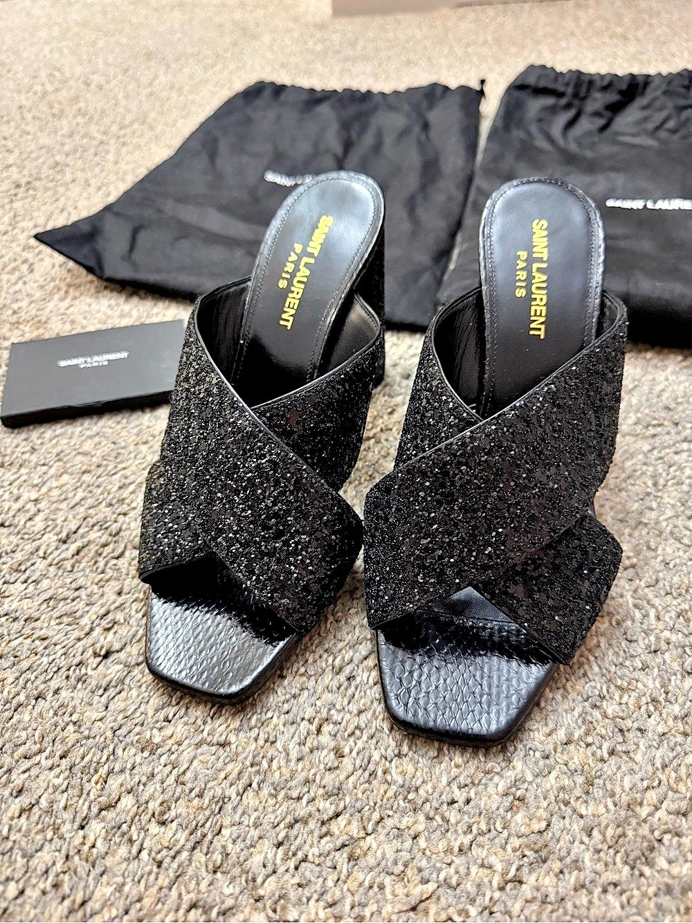 Saint Laurent Glitter LouLou Mule Sandal Heels Black EU 37